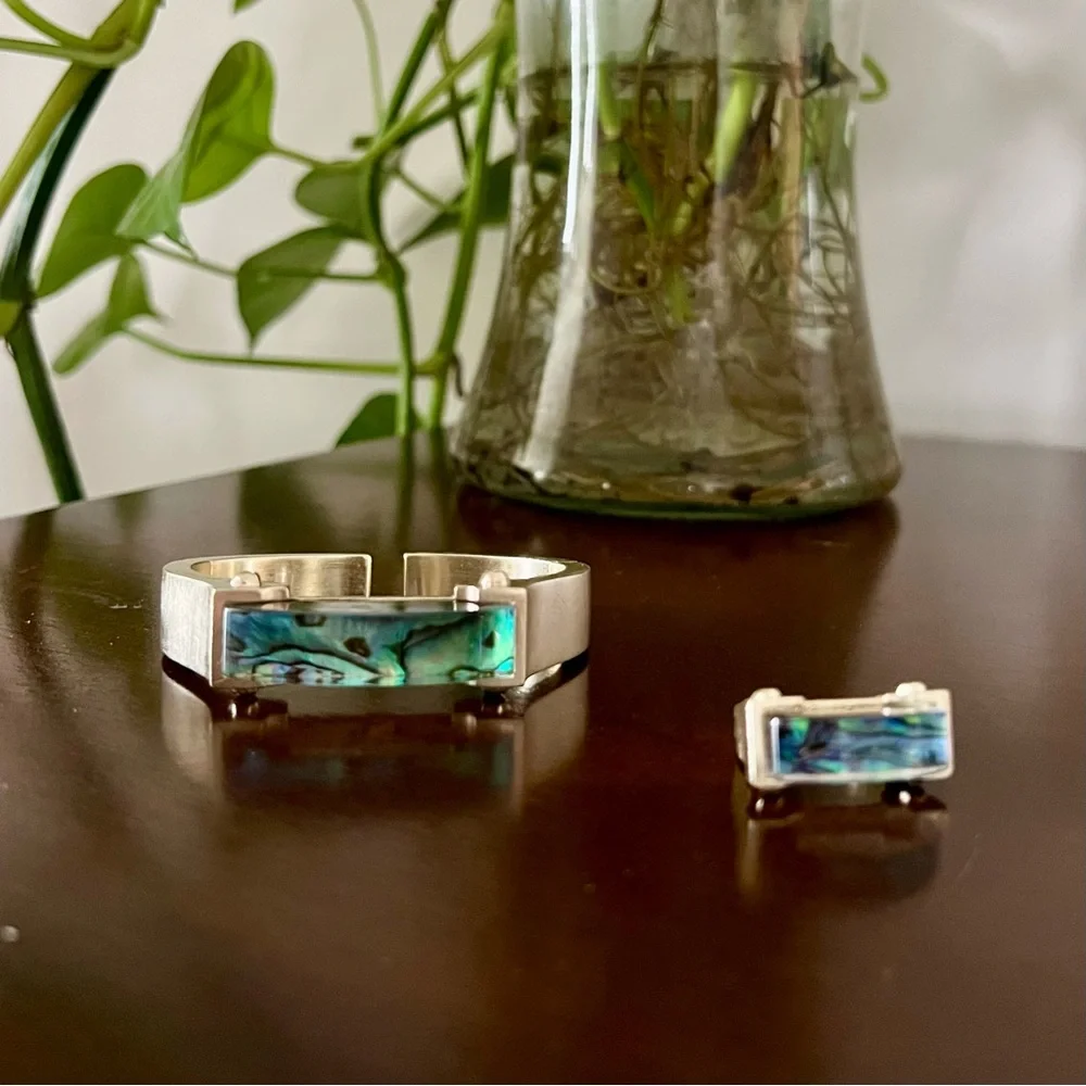 Sterling Silver Abalone Inlay Cuff Bracelet - Blue Green - Picture 4 of 7